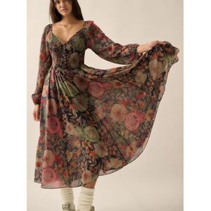 Worth Collective Bohemian Floral Maxi Dress Smocked Bodice